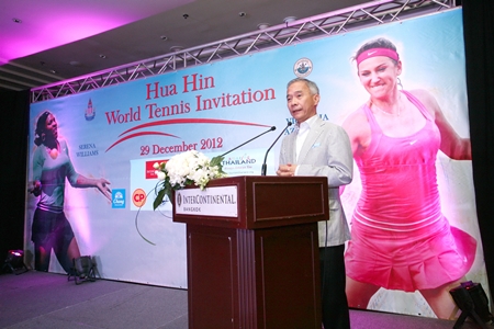 Suwat Lipatapanlop, President of the Lawn Tennis Association of Thailand, addresses a press conference to announce the end of year challenge match between Serena Williams and Victoria Azarenka.